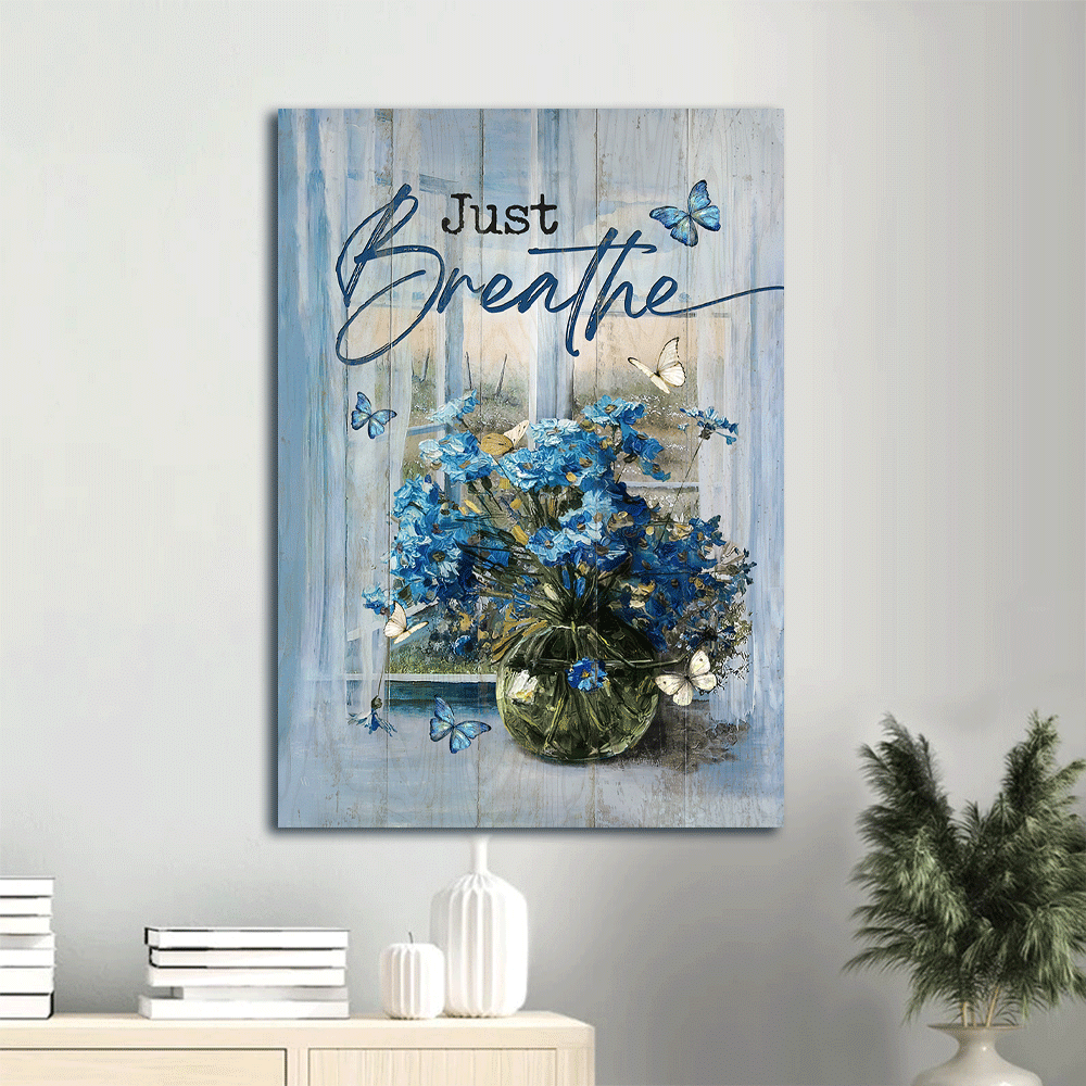 Jesus Portrait Canvas- Blue daisy, Glass vase, Blue butterfly, Window scarf, Just breathe canvas- Gift for Christian - Portrait Canvas Prints, Christian Wall Art