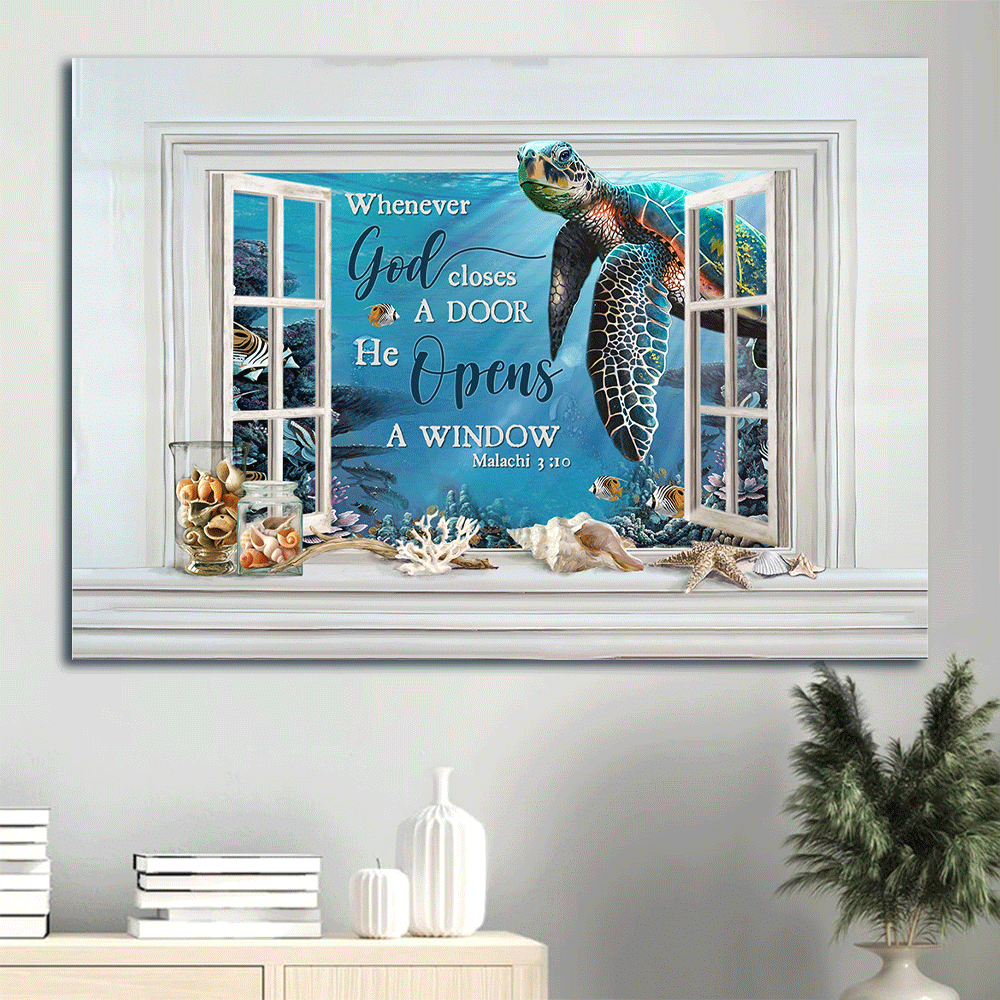 Jesus Landscape Canvas- Blue turtle, Seashell, Window frame, Ocean painting canvas- Gift for Christian- He opens a window - Landscape Canvas Prints, Christian Wall Art