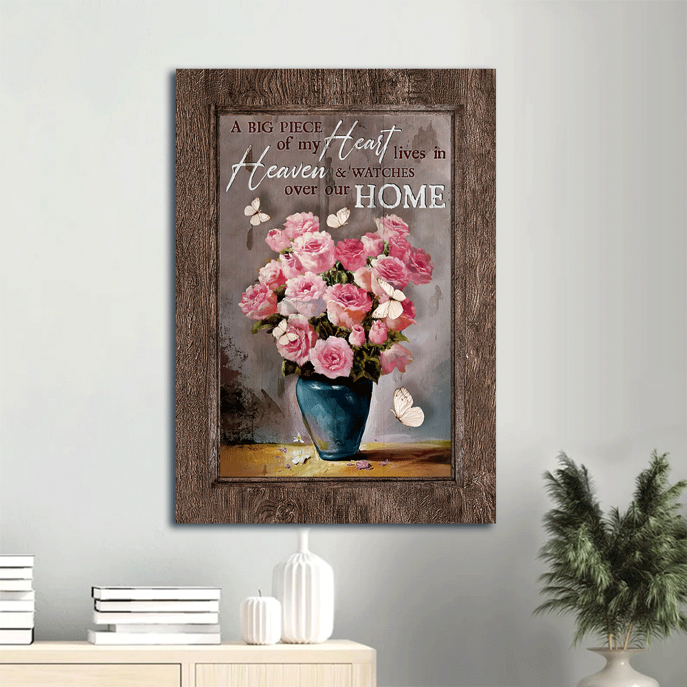 Memorial Portrait Canvas- Brilliant pink rose vase, Still life painting, Butterfly canvas- Gift for members family- A big piece of my heart lives in heaven