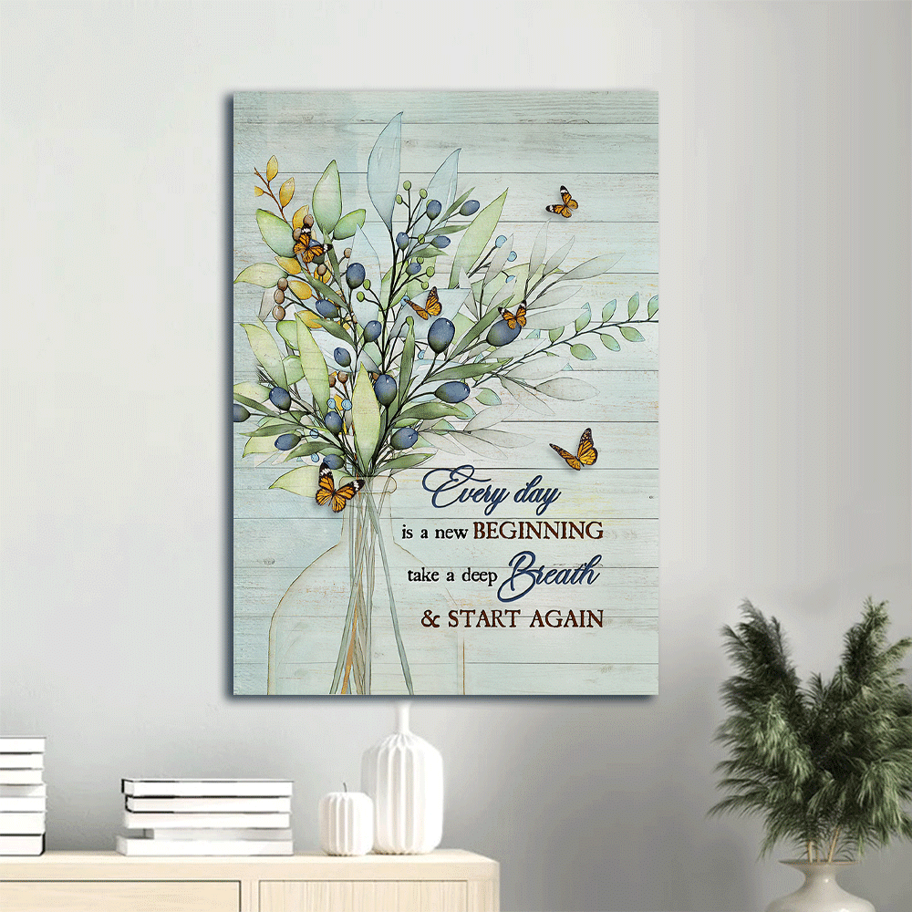 Jesus Portrait Canvas- Blue cranberry, Butterfly drawing- Gift for Christian- Every day is a new beginning - Portrait Canvas Prints, Christian Wall Art