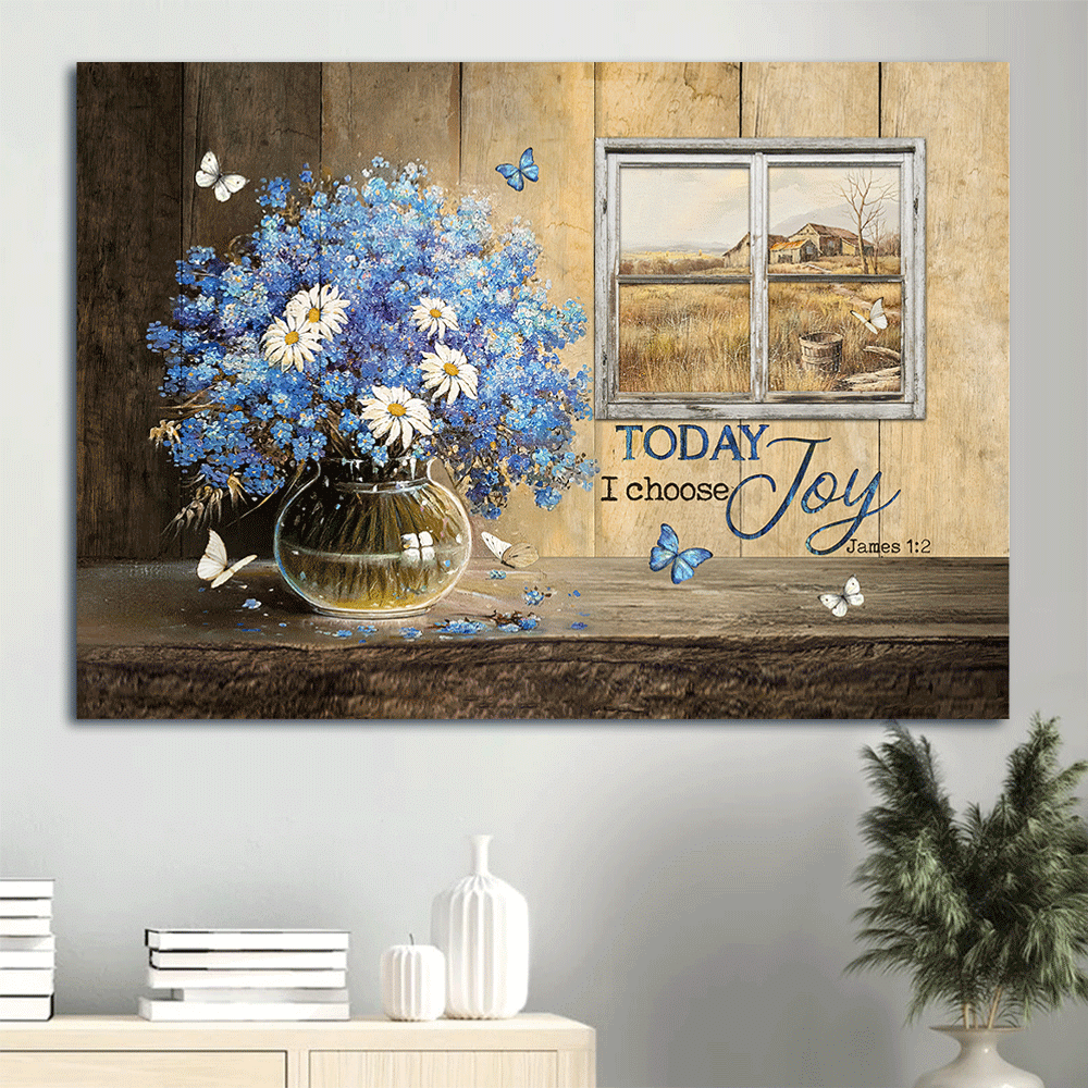 Jesus Landscape Canvas- Blue small flowers, White daisy, Farm view canvas- Gift for Christian- Today I choose joy - Landscape Canvas Prints, Christian Wall Art