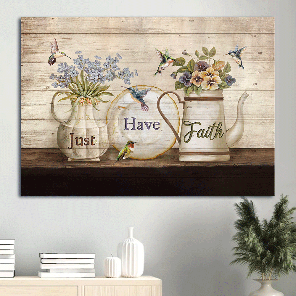 Jesus Landscape Canvas- Blue small flowers, Oval plate, Hummingbirds canvas- Gift for Christian- Just have faith - Landscape Canvas Prints, Christian Wall Art