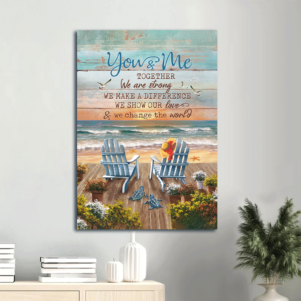 Couple Portrait Canvas- Blue chairs, Ocean painting, Orange sunset - Gift for Couple, Lover- You and me together - Portrait Canvas Prints, Wall Art