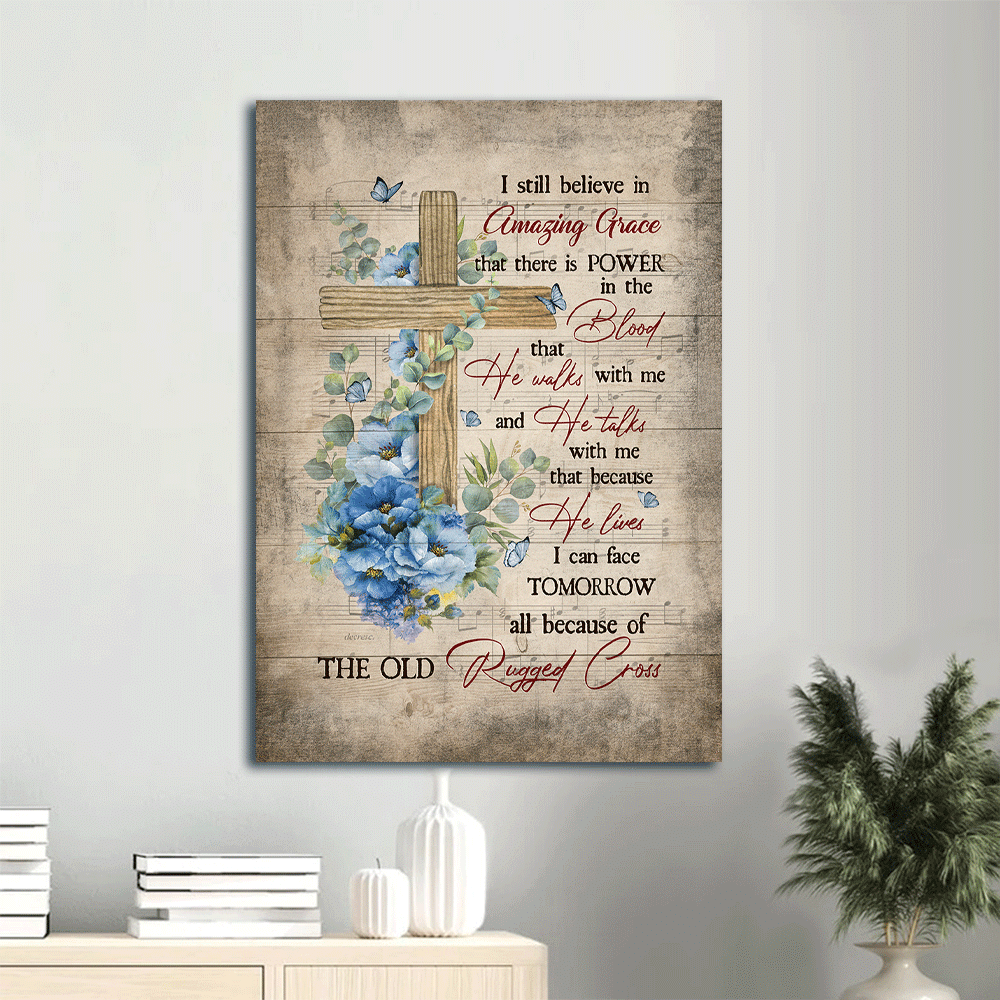 Jesus Portrait Canvas- Blue camellia, Pretty cross, Butterfly drawing canvas- Gift for Christian- I still believe in amazing grace - Portrait Canvas Prints, Home Decor Wall Art