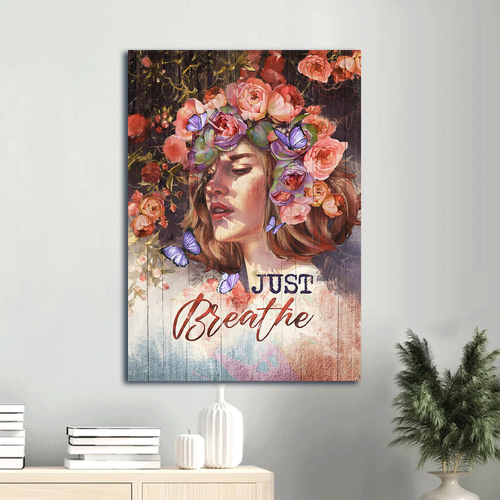 Jesus Portrait Canvas- Brilliant flower wreath, Purple butterfly, Girl drawing canvas- Gift for Christian- Just breathe