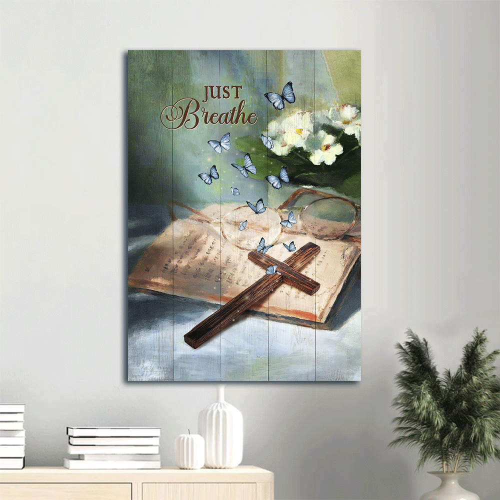 Jesus Portrait Canvas- Blue butterfly, Wooden cross, Bible, Jasmine flower, Just breathe canvas- Gift for Christian - Portrait Canvas Prints, Living Room Wall Art