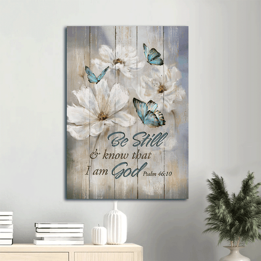 Jesus Portrait Canvas- Blue butterfly, White flower, Vintage painting canvas- Gift for Christian-Be still & know that I am God -  Portrait Canvas Prints, Home Decor Wall Art