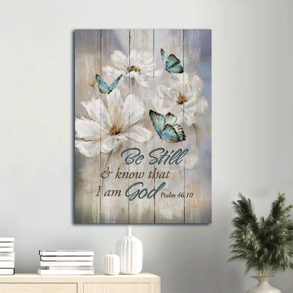 Jesus Portrait Canvas- Blue butterfly, White flower, Vintage painting canvas- Gift for Christian-Be still & know that I am God -  Portrait Canvas Prints, Home Decor Wall Art