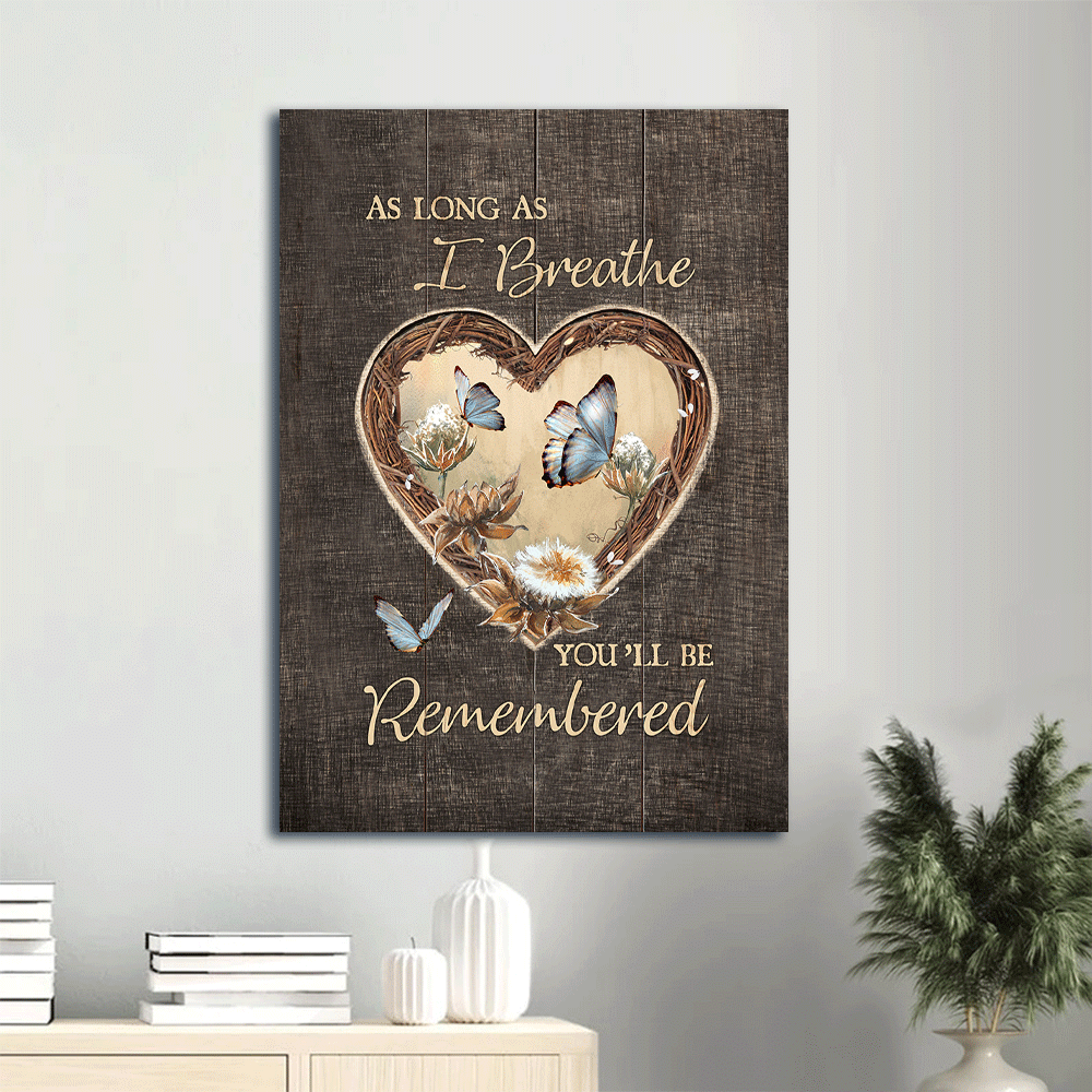 Memorial Portrait Canvas- Blue butterfly, Heart wreath, Pretty wildflower canvas- Gift for members family- As long as I breathe, you'll be remembered - Heaven Portrait Canvas Prints, Wall Art