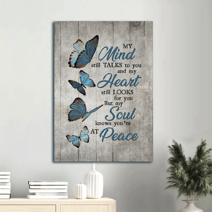 Memorial Portrait Canvas- Blue butterfly, Grey background canvas- Gift for members family- You are at peace - Heaven Portrait Canvas Prints, Wall Art