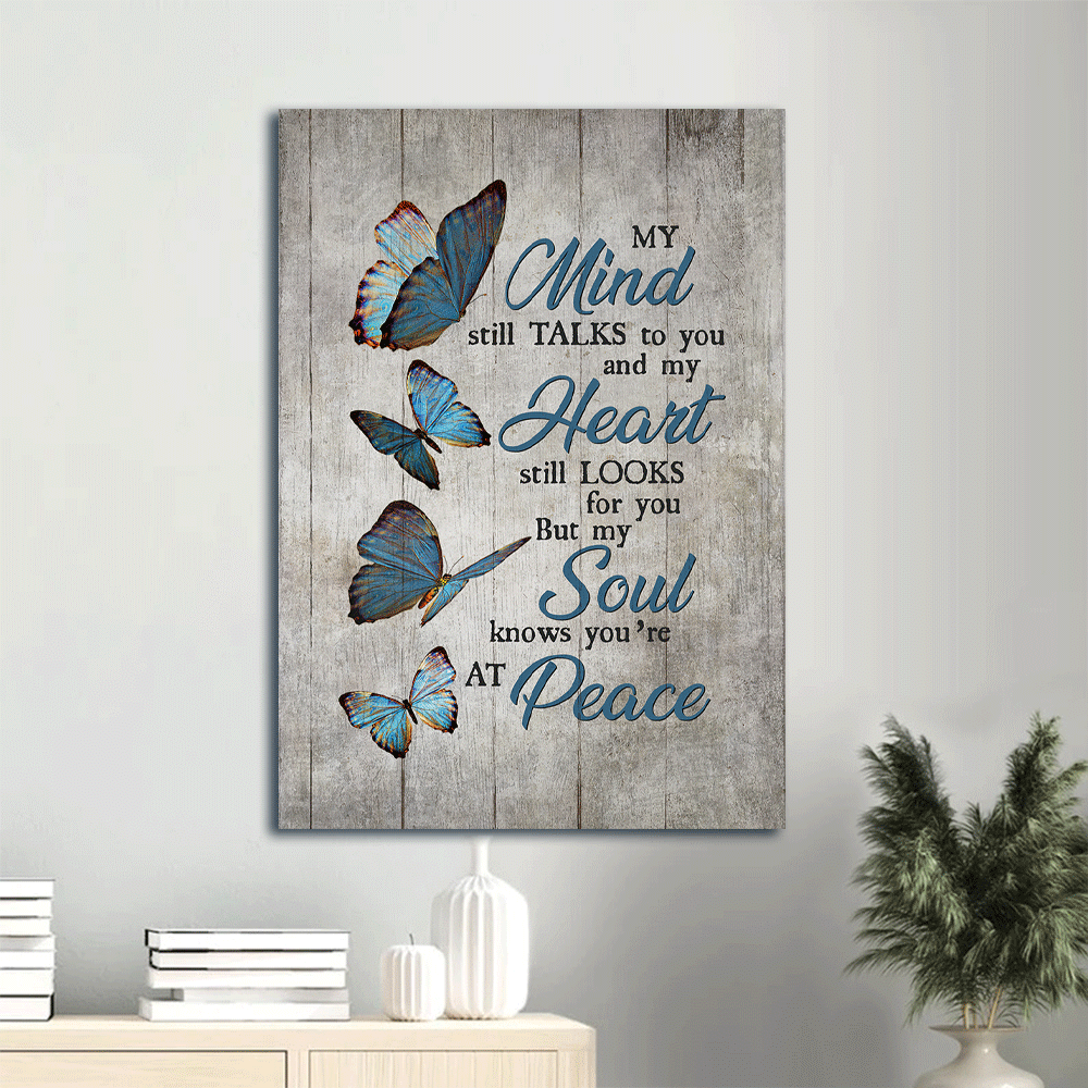 Memorial Portrait Canvas- Blue butterfly, Grey background canvas- Gift for members family- You are at peace - Heaven Portrait Canvas Prints, Wall Art