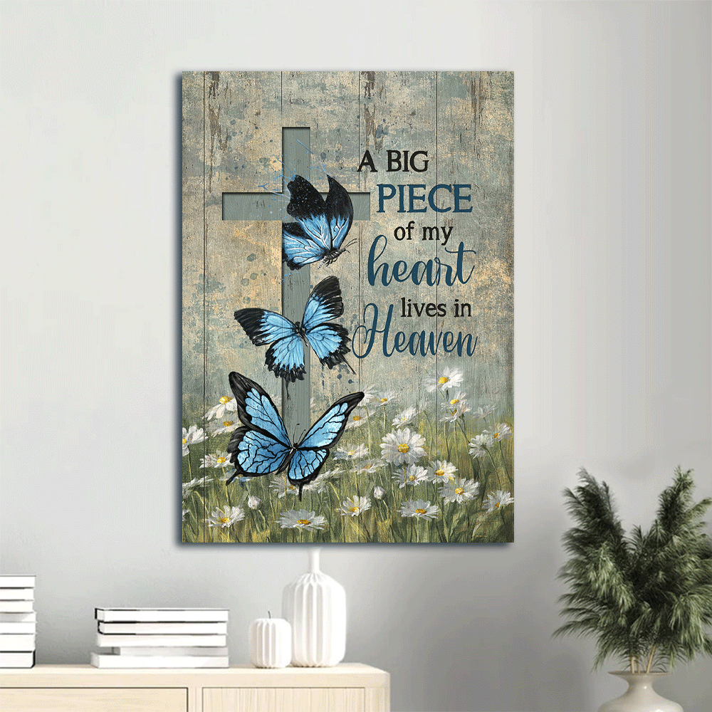 Memorial Portrait Canvas- Blue butterfly, Cross symbol, Daisy field- Gift for members family- A big piece of my heart lives in heaven - Heaven Portrait Canvas Prints, Wall Art