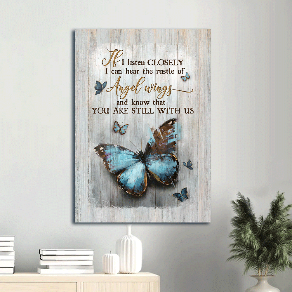 Memorial Portrait Canvas- Blue butterfly, Angel wings canvas- Gift for members family- If I listen closely - Heaven Portrait Canvas Prints, Wall Art