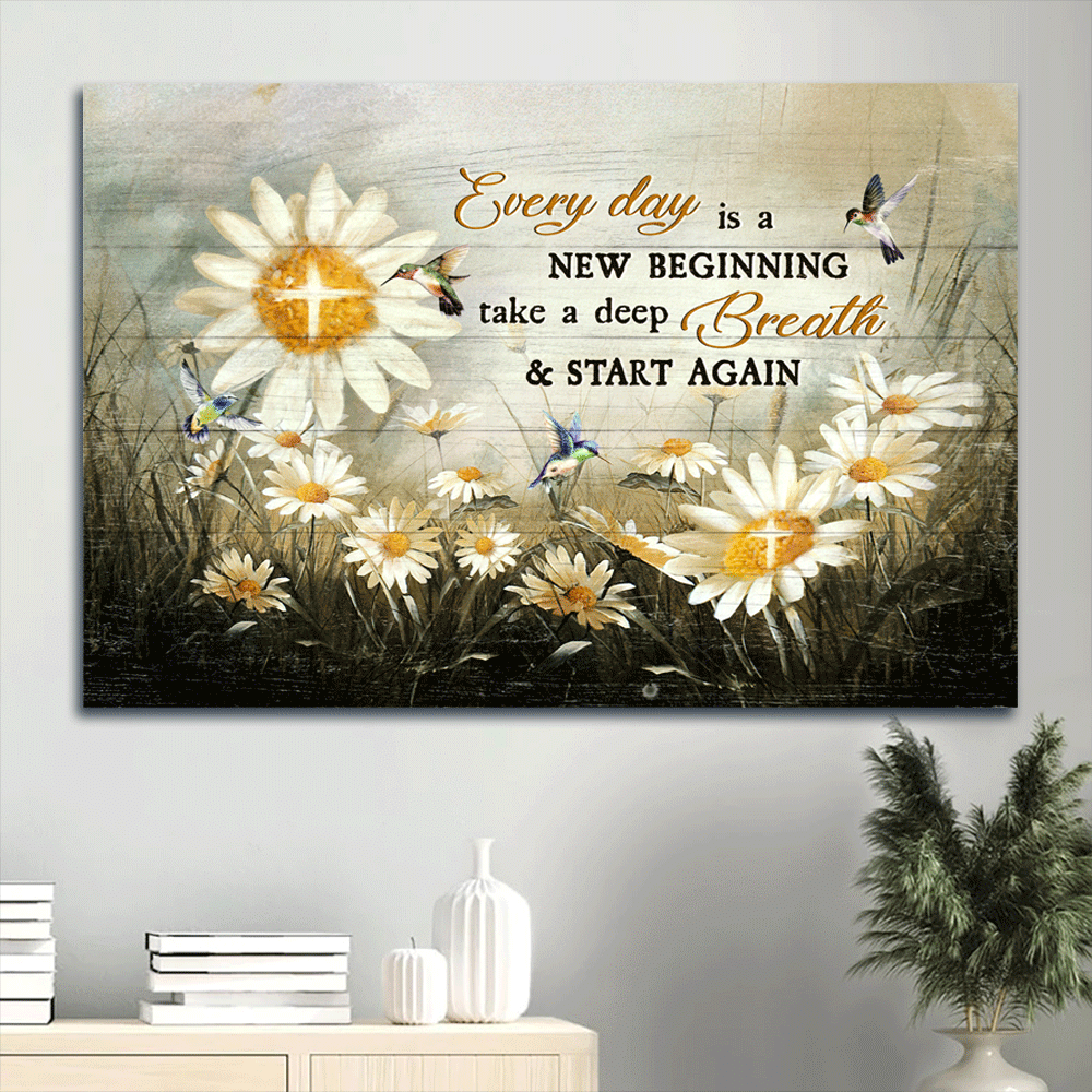 Jesus Landscape Canvas- Brilliant daisy field, Colorful hummingbird canvas- Gift for Christian- Every day is a new beginning