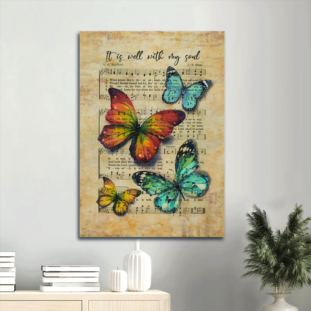 Jesus Portrait Canvas- Brilliant butterfly, Antique music sheet canvas- Gift for Christian- It is well with my soul