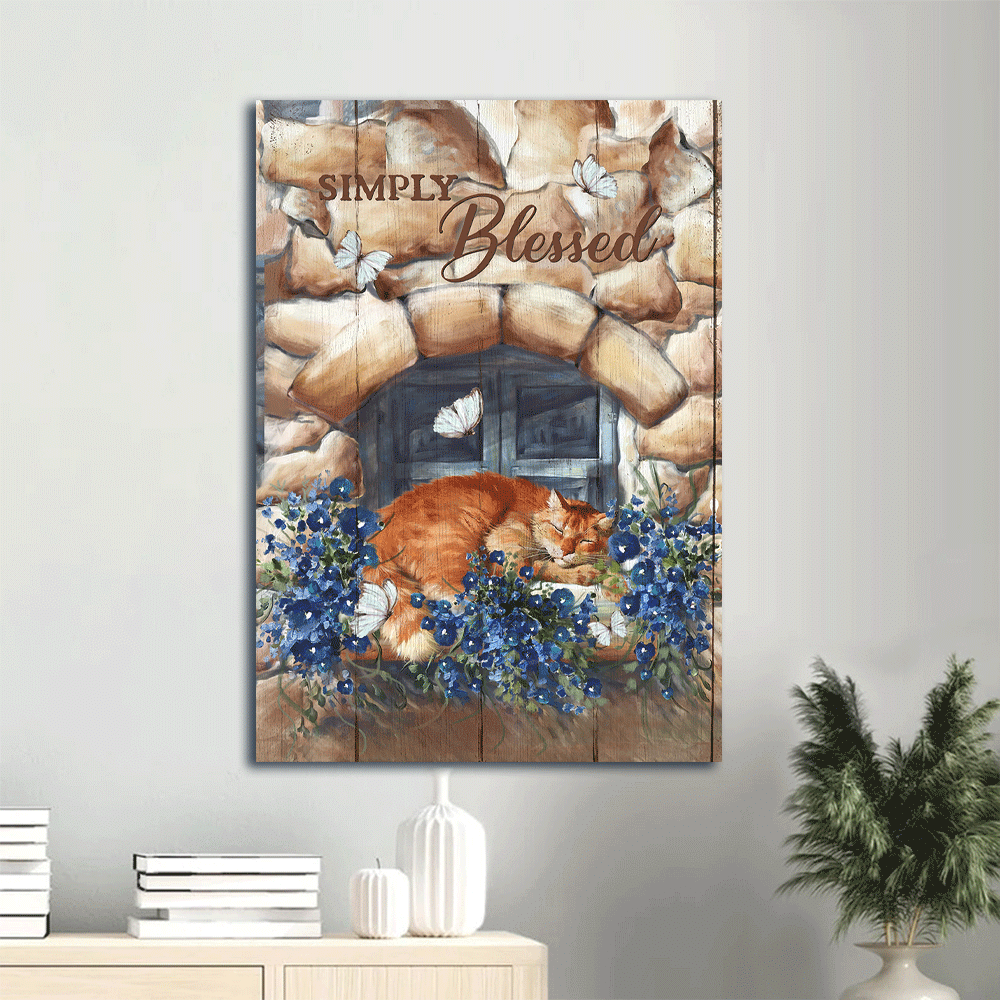 Jesus Portrait Canvas- Blue bellflower, Sleeping cat, Stone wall, Simply blessed canvas- Gift for Christian - Portrait Canvas Prints, Christian Wall Art