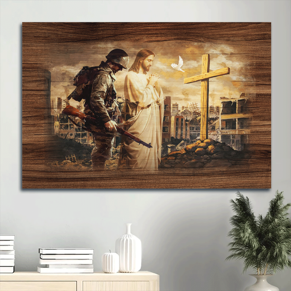 Jesus Landscape Canvas- Brave soldier, Jesus praying, City in war, Wooden cross canvas- Gift for Christian