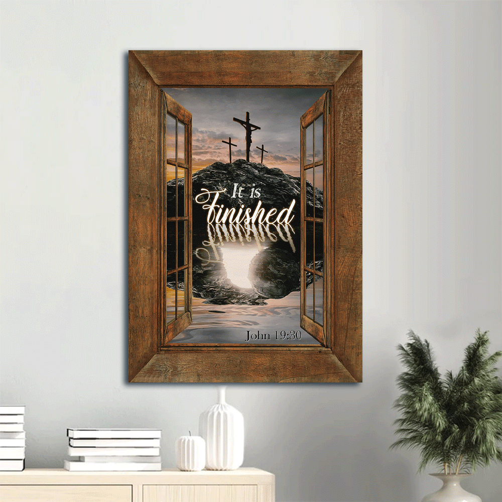 Jesus Portrait Canvas- Black rock mountain, Wooden cross, Orange sunset canvas- Gift for Christian- It is finished - Portrait Canvas Prints, Christian Wall Art