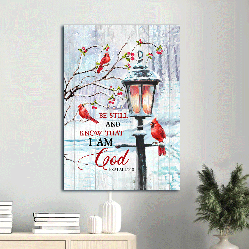 Jesus Portrait Canvas- Black lantern drawing, Red cardinal, Snow, Cranberry canvas- Gift for Christian- Be still and know that I am God - Portrait Canvas Prints, Christian Wall Art