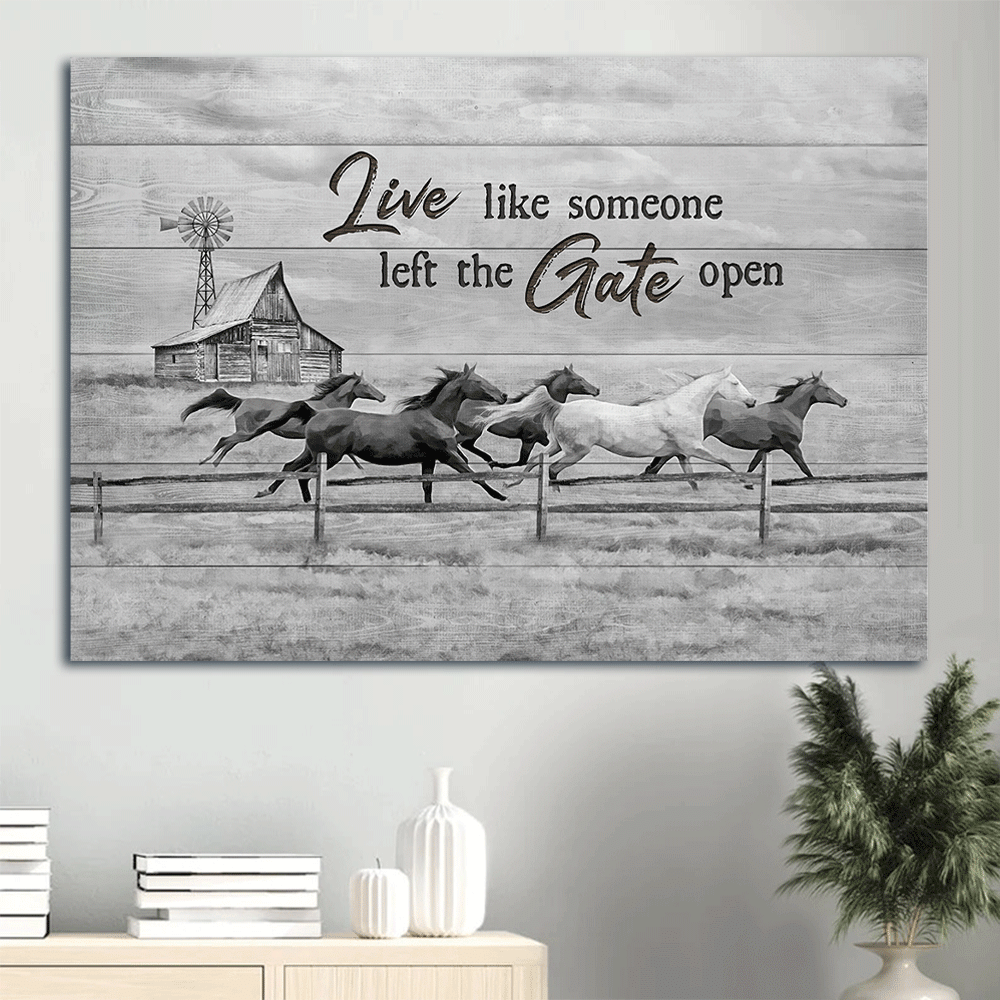 Jesus Landscape Canvas- Black and white drawing, Running horse canvas- Gift for Christian- Live like someone left the gate open - Landscape Canvas Prints, Home Decor Wall Art