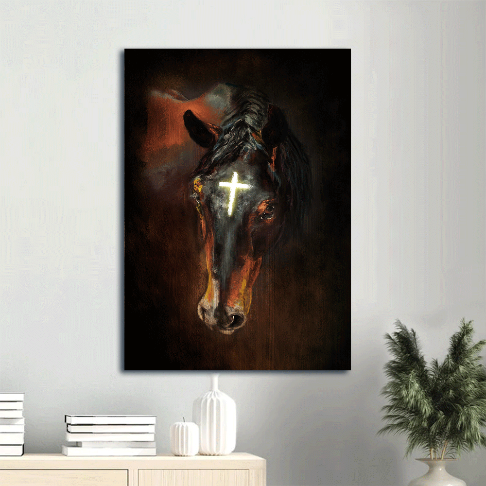 Jesus Portrait Canvas- Black horse painting, Shinning cross, The Incredible horse- Gift for Christian - Portrait Canvas Prints, Christian Wall Art