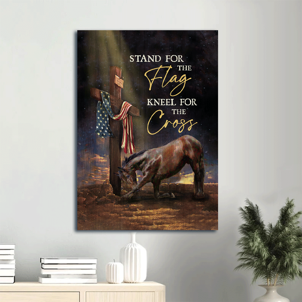 Jesus Portrait Canvas- Black horse drawing, Cross painting, US flag canvas- Gift for Christian- Stand for the flag - Portrait Canvas Prints, Christian Wall Art