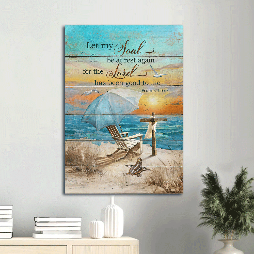 Jesus Portrait Canvas- Blue ocean, Colorful sunset, Wooden cross canvas- Gift for Christian- Let my soul be at rest again - Portrait Canvas Prints, Wall Art