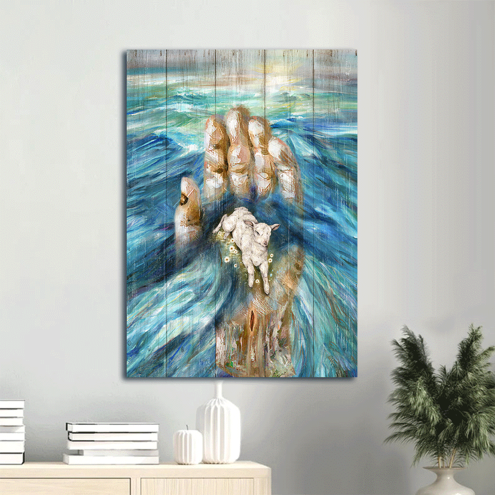 Jesus Portrait Canvas- Blue ocean, Abstract painting, Lamb of God, Daisy flower canvas- Gift for Christian- In God's hand - Portrait Canvas Prints, Wall Art