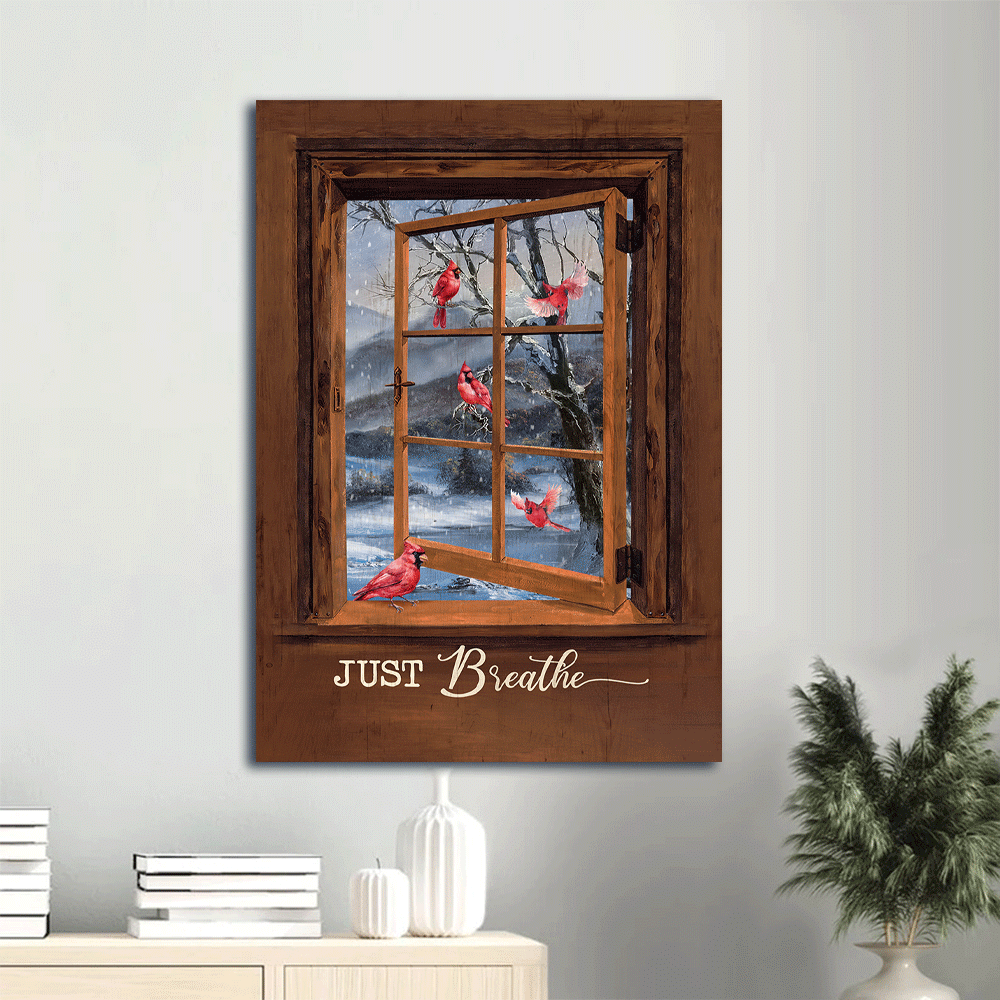 Memorial Portrait Canvas- Blue night, Red cardinal drawing, Wooden window, White snow, Just breathe - Gift for members family- Heaven Portrait Canvas Prints, Wall Art