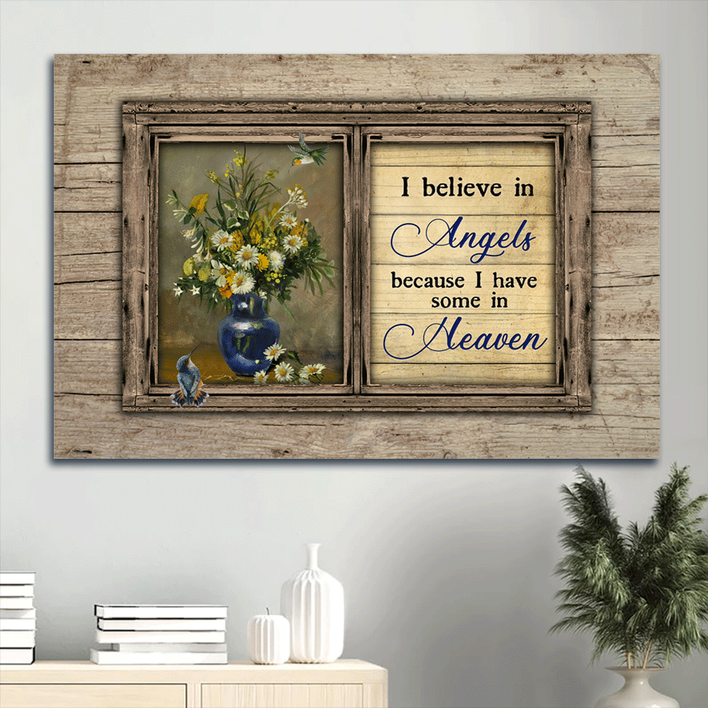 Memorial Landscape Canvas- Brilliant flower drawing, Hummingbird painting canvas- Gift for members family- I believe in angels