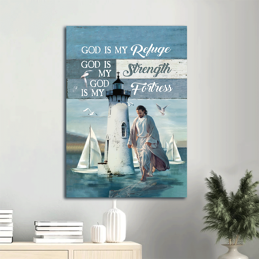 Jesus Portrait Canvas- Blue ocean, Jesus painting, Lighthouse drawing, White seagulls canvas- Gift for Christian- God is my Refuge - Portrait Canvas Prints, Christian Wall Art