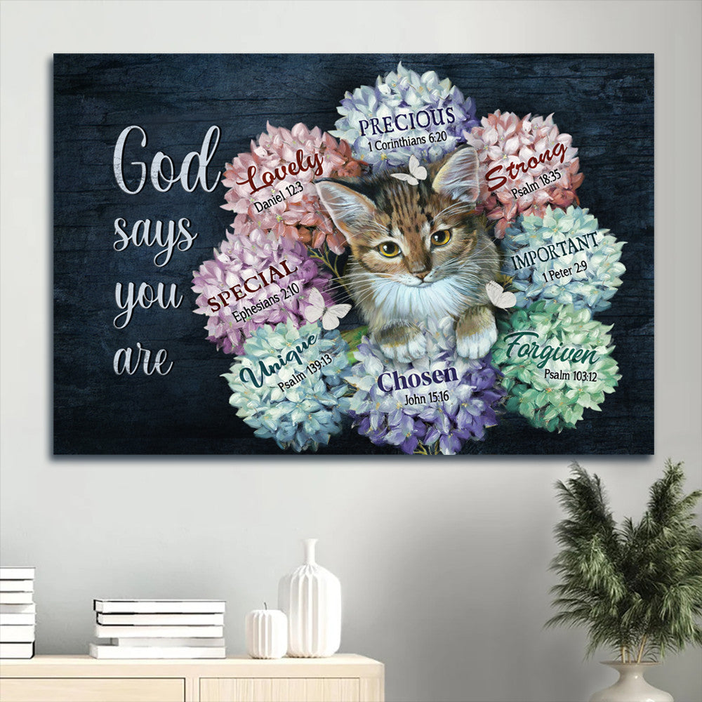 Jesus Landscape Canvas- Amazing Cat, Colorful Hydrangea, Butterfly Landscape Canvas- Gift For Christian- God Says You Are