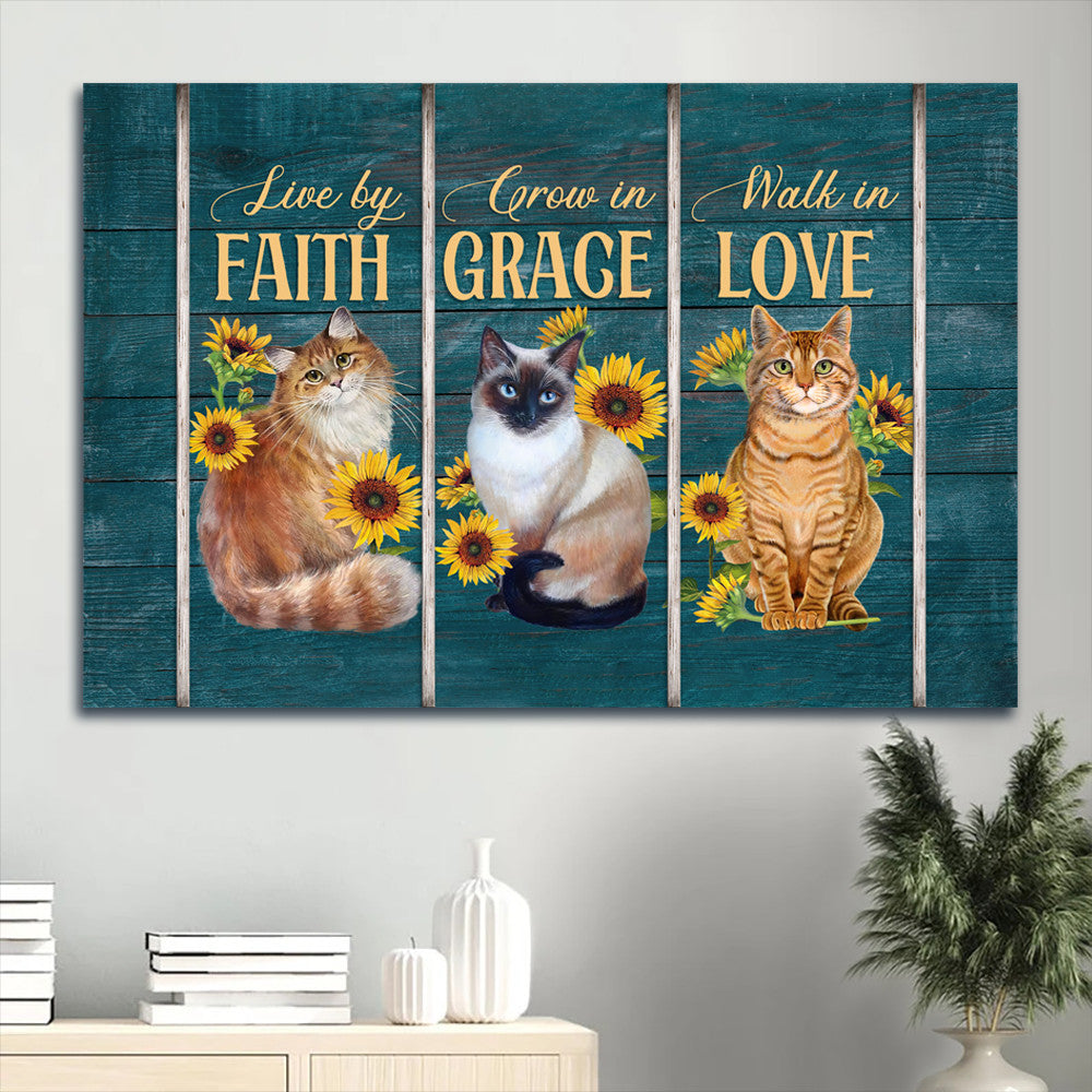 Jesus Landscape Canvas- Amazing Cat Drawing, Pretty Sunflower, Cat Landscape Canvas- Gift For Christian- Live By Faith, Walk In Love