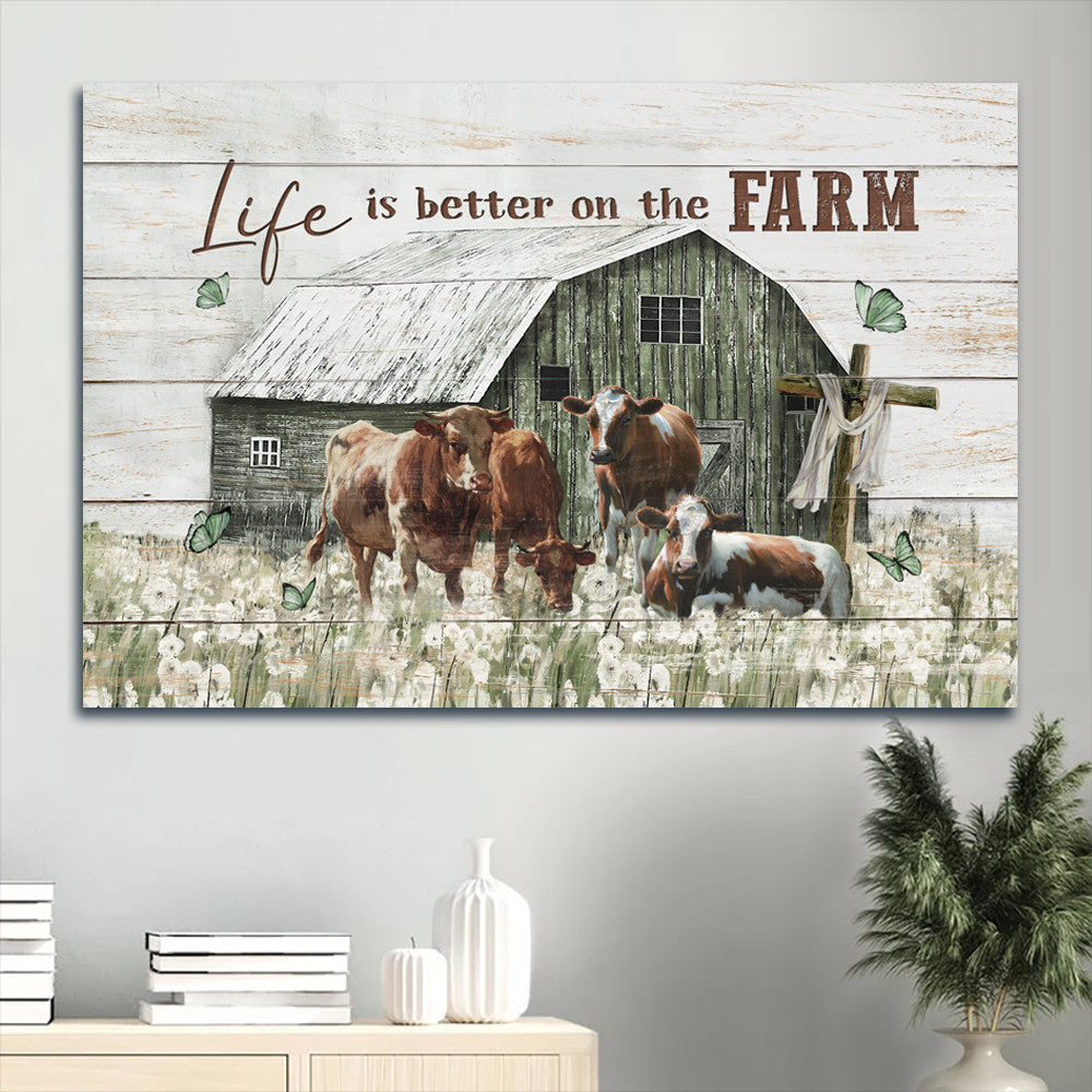 Jesus Landscape Canvas- Amazing Cow Drawing, Dandelion Field, Old Barn Landscape Canvas- Gift For Christian- Life Is Better On The Farm