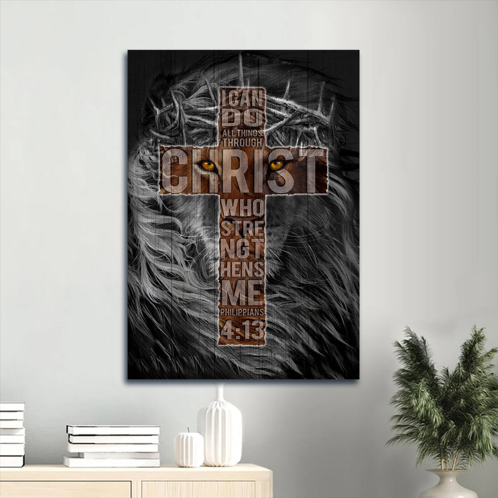 Jesus Portrait Canvas- Amazing Cross, Black Lion Drawing Portrait Canvas- Gift For Christian- I Can Do All Things Through Christ