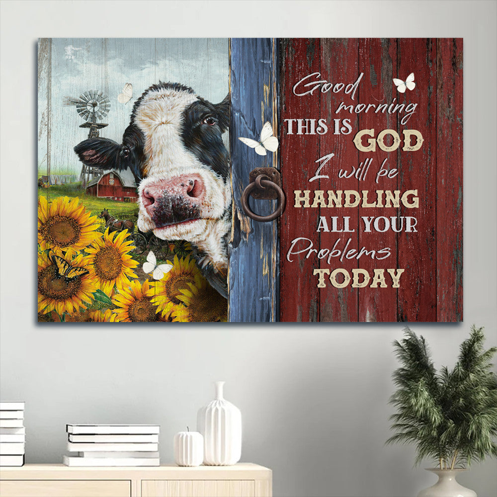 Jesus Landscape Canvas- Amazing Dairy Cow, Sunflower Garden, White Butterfly Canvas- Gift For Christian- Good Morning, This Is God