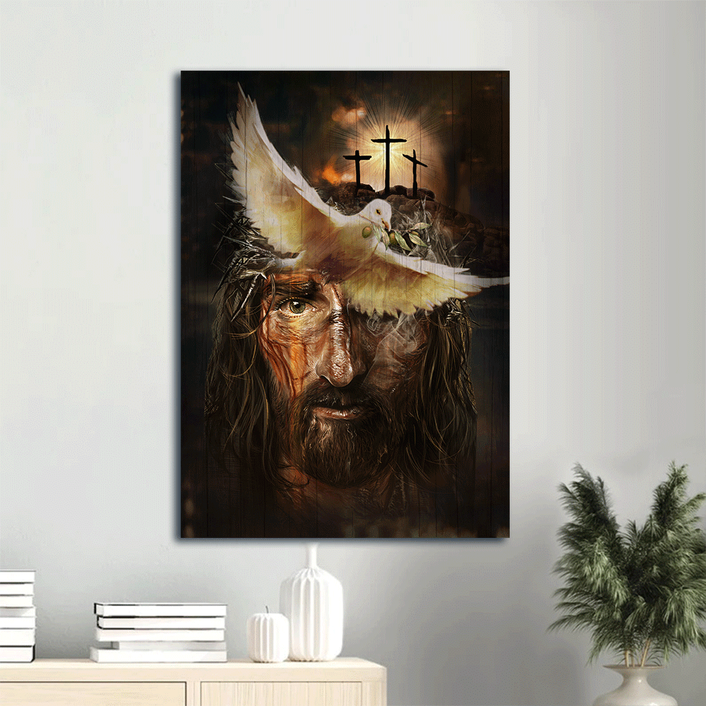 Jesus Portrait Canvas- Amazing Dove With Olive Branch, Three Wooden Crosses, Beautiful Jesus Painting, Jesus Portrait Canvas- Gift For Christian