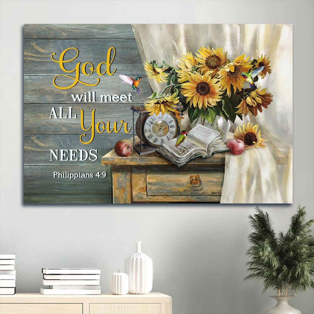 Jesus Landscape Canvas - Antique clock, Sunflower vase, Old bible Landscape Canvas - Gift For Christian - God will meet all your needs