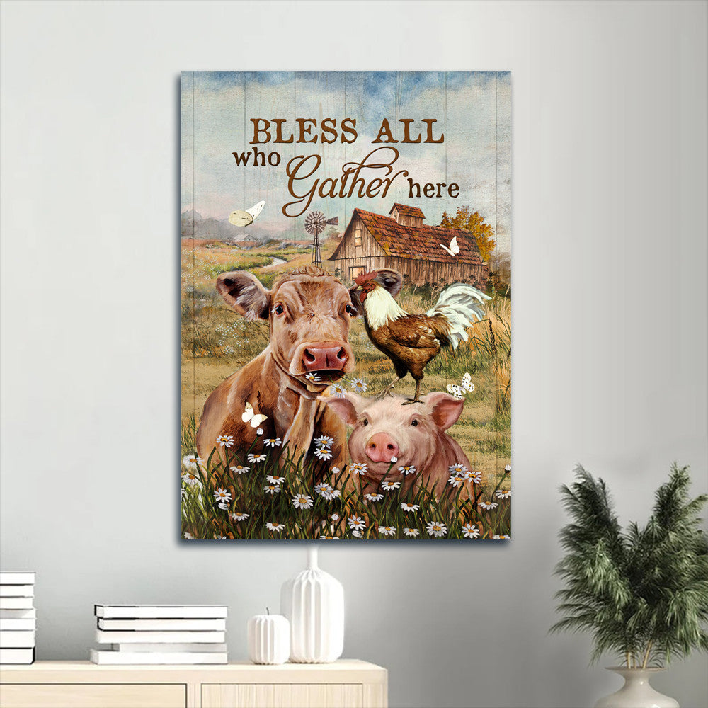 Jesus Portrait Canvas -Animal drawing, Daisy field, Rooster painting Portrait Canvas - Gift For Religious Christian - Bless all who gather here