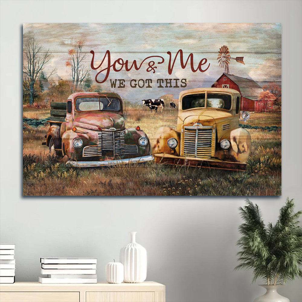 Couple Landscape Canvas - Antique ladybug car, Dairy cow, Rice field Landscape Canvas - Gift For Couple, Spouse, Lover - You and me, We got this