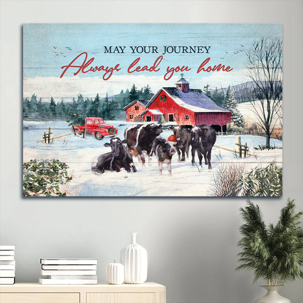 Jesus Landscape Canvas - Angus Aberdeen, Winter farm, Red barn Landscape Canvas - Gift For Religious Christian - May your journey always lead you home