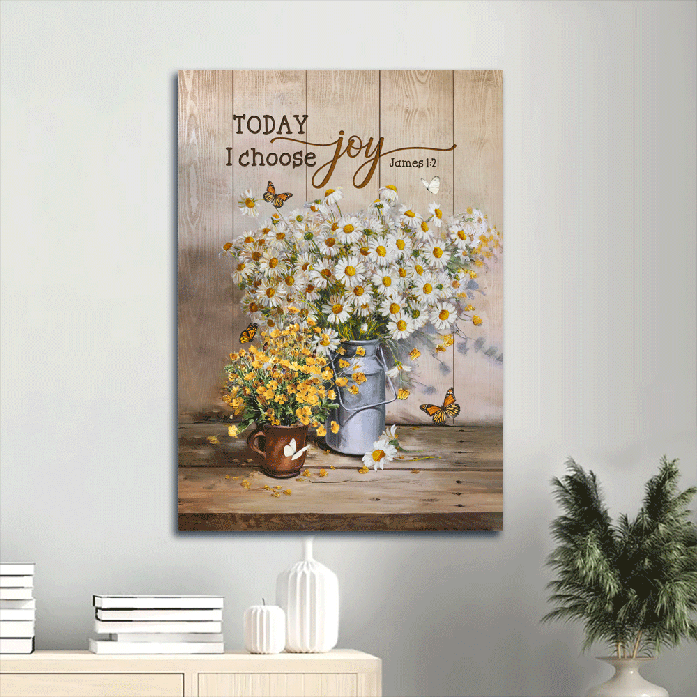 Jesus Portrait Canvas- Beautiful daisy, Yellow flower vase, Monarch butterfly canvas- Gift for Christian- Today I choose joy