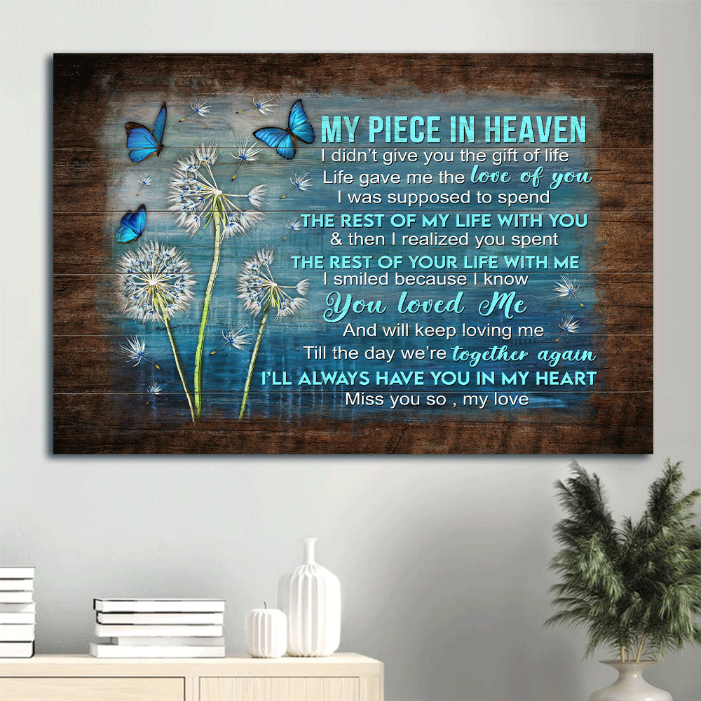 Memorial Landscape Canvas- Beautiful Dandelion Painting, Blue Butterfly Canvas- Gift For Members Family- My Piece In Heaven