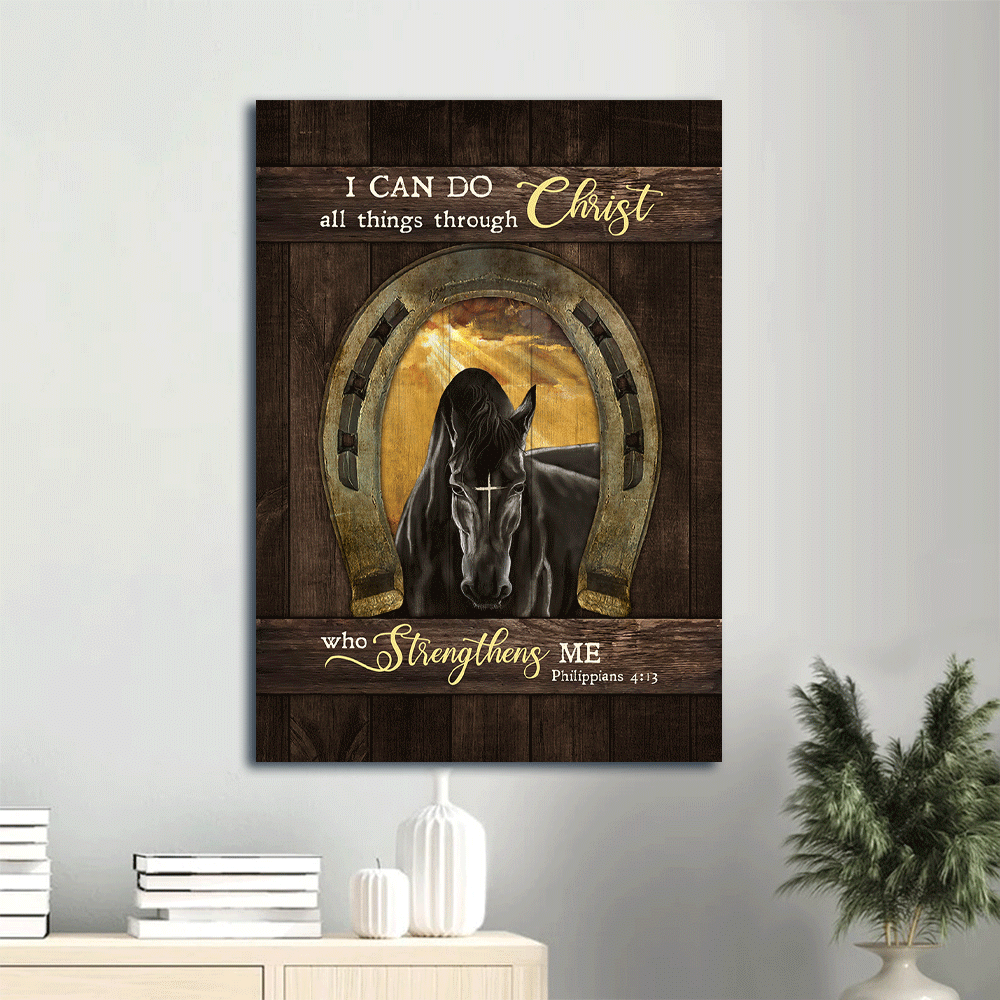 Jesus Portrait Canvas- Black horse, Golden horseshoe canvas- Gift for Christian- I can do all things through Christ who strengthens me - Portrait Canvas Prints, Christian Wall Art