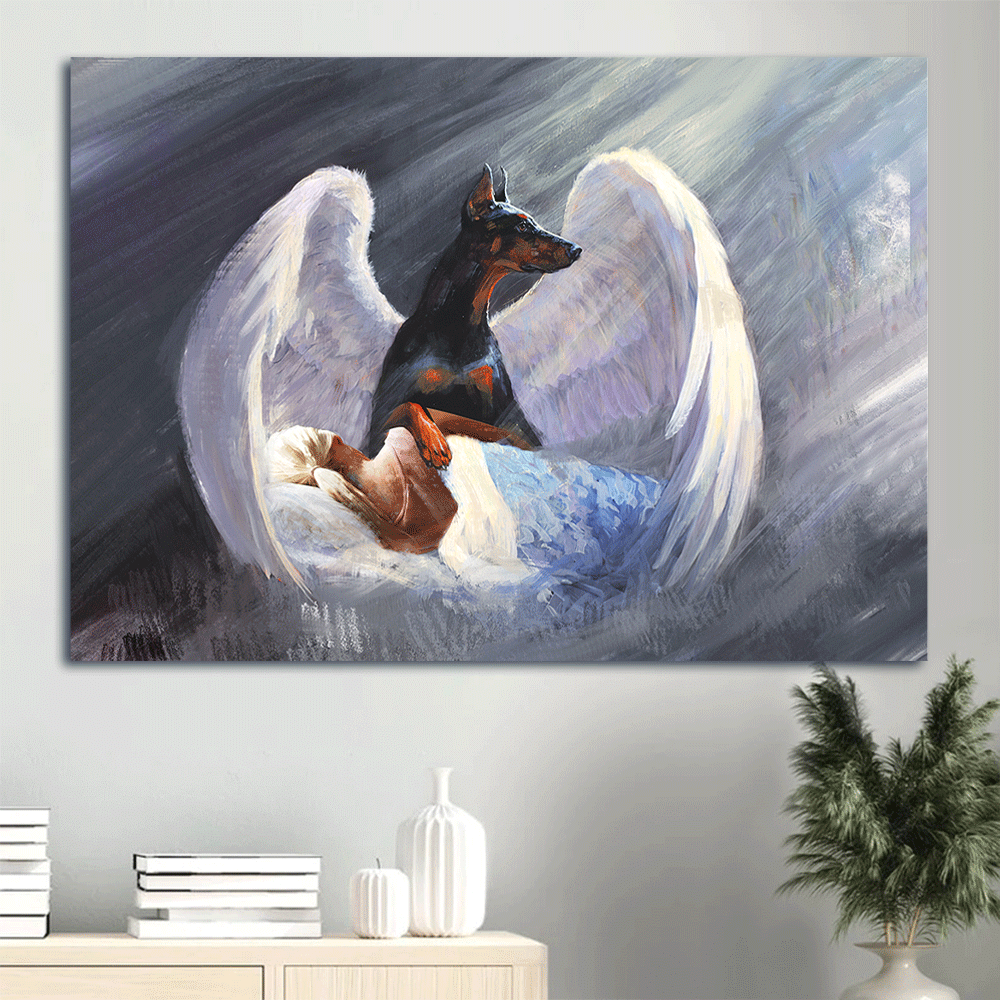 Doberman Landscape Canvas- Black Doberman painting, White wings, Beautiful dream- Gift for Dog lover- Landscape Canvas Prints, Wall Art