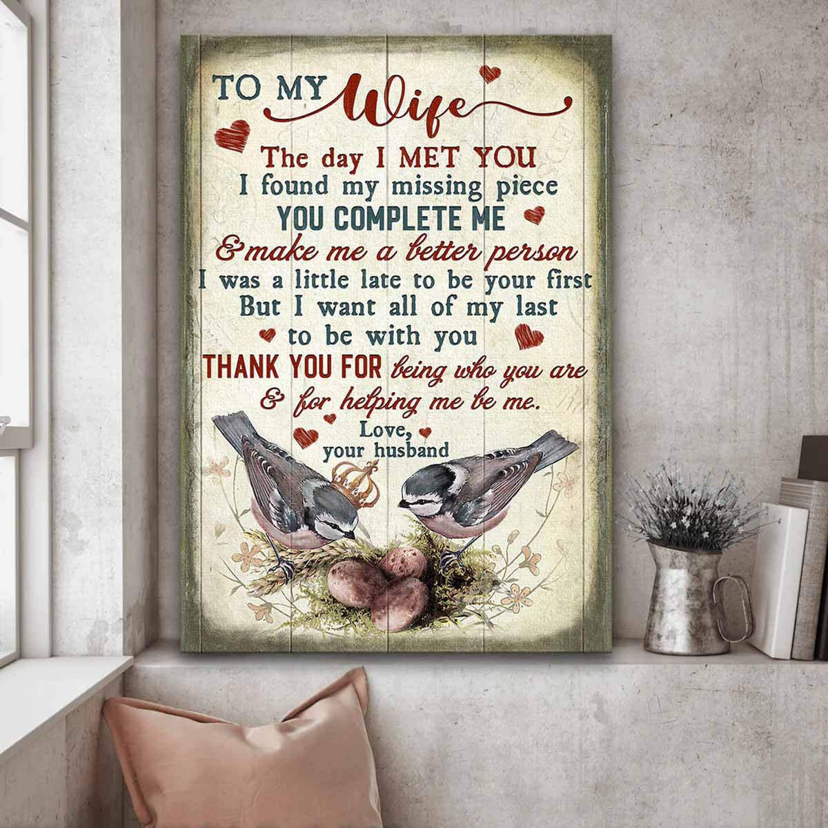 Couple Portrait Canvas - Bird couple, Eggs, Nest Portrait Canvas - Gift For Couple, Spouse, Lover - You complete me and make me a better person Portrait Canvas