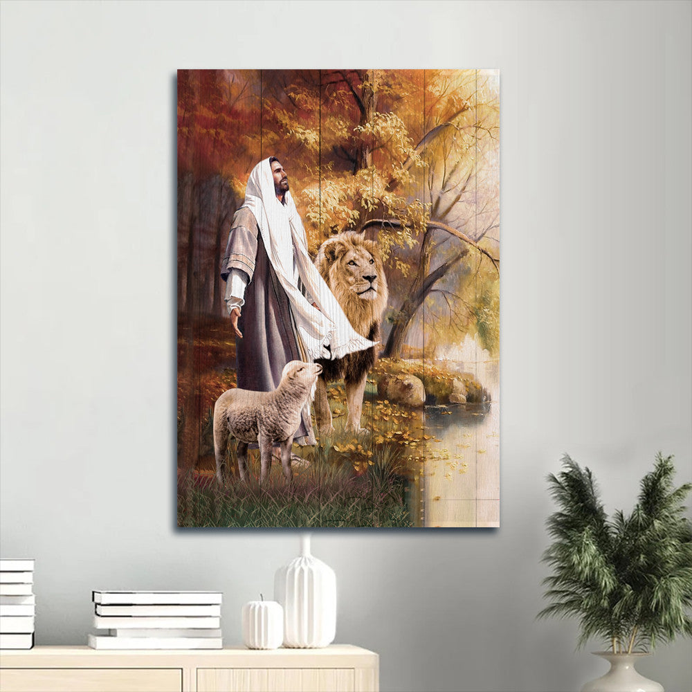 Jesus Portrait Canvas -Animal of God, Stunning lion, White lamb, Autumn forest Portrait Canvas - Gift For Christian