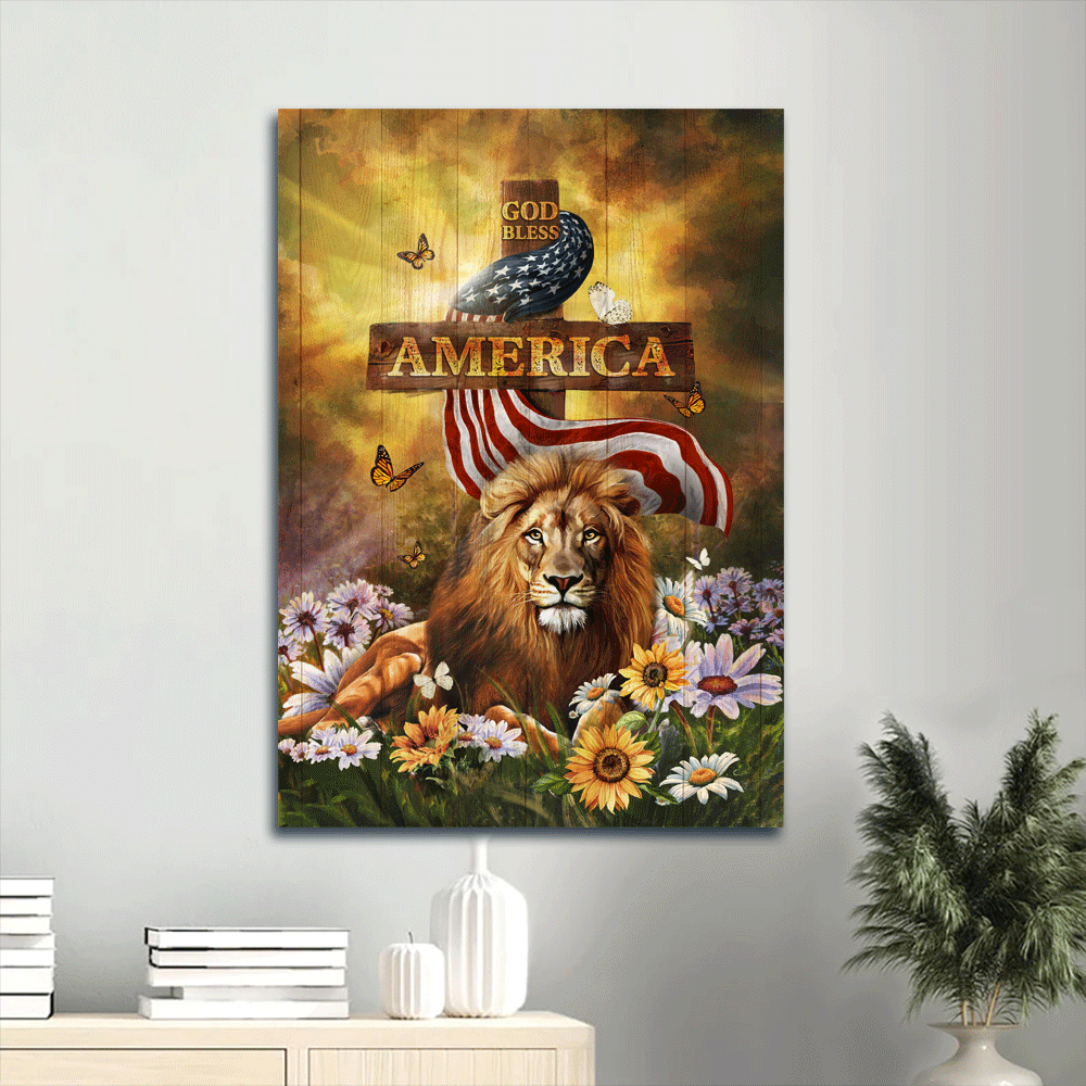 Jesus Portrait Canvas- Beautiful Flower Field, Lion Of Judah, Halo, Butterfly Canvas- Gift For Christian- God Bless America