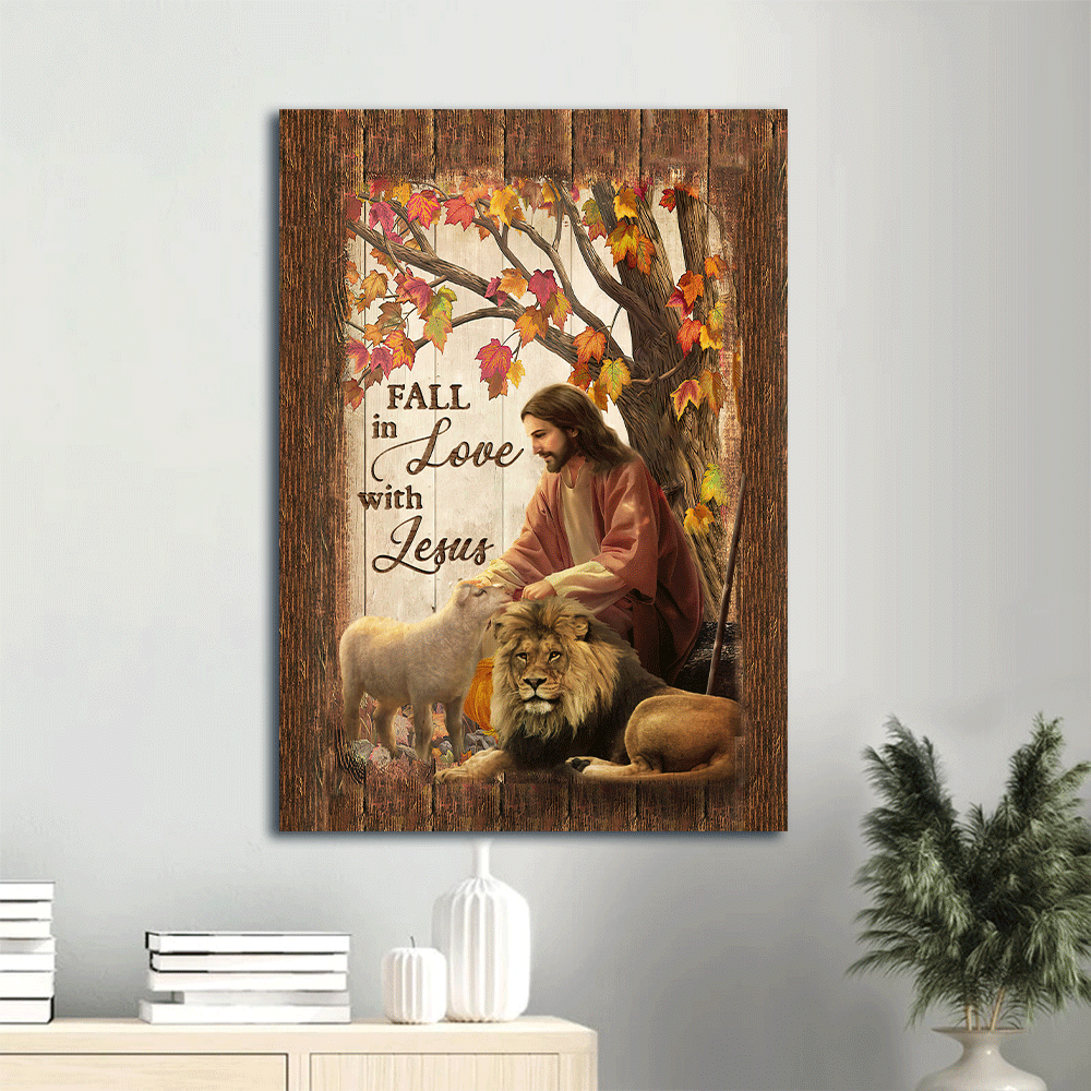 Memorial Portrait Canvas - Autumn forest drawing, Lion of Judah, White lamb Portrait Canvas - Memorial Gift For Family Members - Fall in love with Jesus