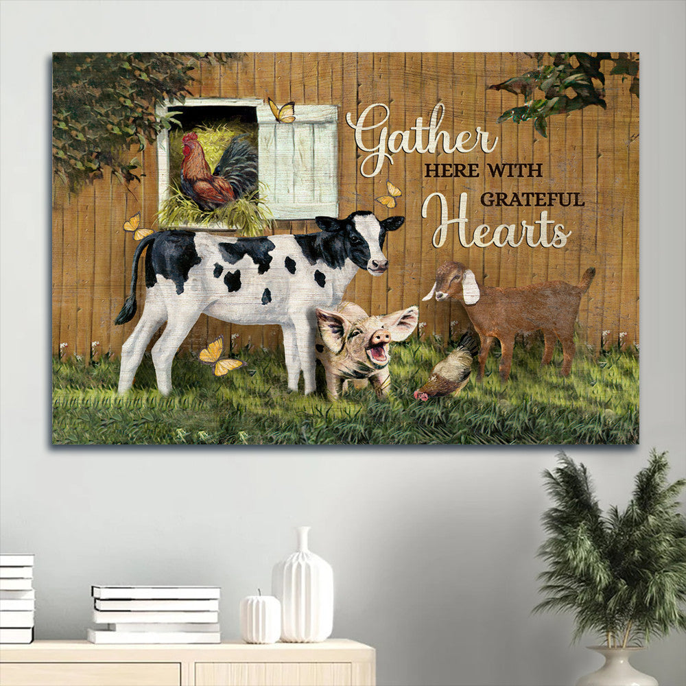 Jesus Landscape Canvas - Animal painting, Dairy cow, Butterfly Landscape Canvas - Gift For Christian -  Gather here with grateful hearts